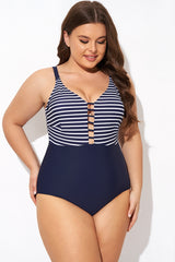 Stripe Plunge Deep V neck One Piece Swimsuit