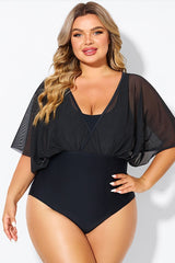 Solid Black Mesh Patchwork One Piece Swimsuit
