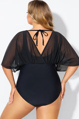 Solid Black Mesh Patchwork One Piece Swimsuit