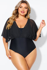 Solid Black Mesh Patchwork One Piece Swimsuit