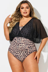 Leopard Print V-Neck Mesh One Piece Swimsuit