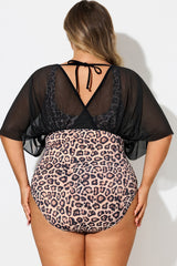 Leopard Print V-Neck Mesh One Piece Swimsuit