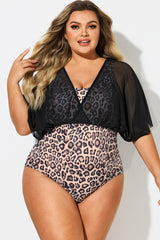 Leopard Print V-Neck Mesh One Piece Swimsuit