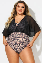 Leopard Print V-Neck Mesh One Piece Swimsuit