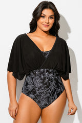 Black Mesh Floral Print Patchwork One Piece Swimsuit