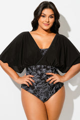 Black Mesh Floral Print Patchwork One Piece Swimsuit