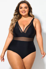 Black V Neck Mesh Splicing One Piece Swimsuit