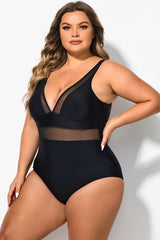 Black V Neck Mesh Splicing One Piece Swimsuit