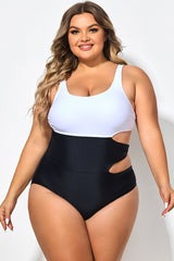 Plus Size Black&White Colorblock Cutout One Piece Swimsuit