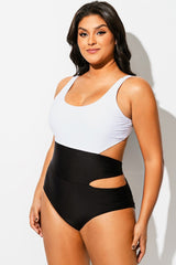 Plus Size Black&White Colorblock Cutout One Piece Swimsuit