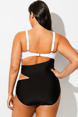 Plus Size Black&White Colorblock Cutout One Piece Swimsuit