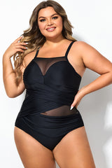 Black Round Neck Adjustable Straps One Piece Swimsuit