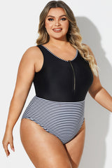 Black & White Striped Front Zip One Piece Swimsuit