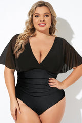 Black Wireless Mesh Flutter Sleeve One Piece Swimsuit