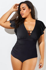 Black Flutter-Sleeve Swim One Piece Swimsuit
