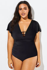 Black Flutter-Sleeve Swim One Piece Swimsuit
