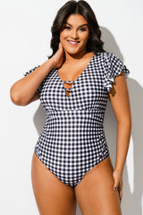 Black & White Flutter-Sleeve Swim One Piece Swimsuit