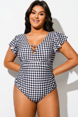Black & White Flutter-Sleeve Swim One Piece Swimsuit