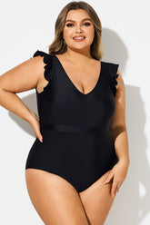 Black Ruffle Sleeves V-Neck One Piece Swimsuit