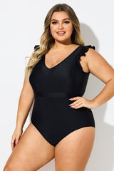 Black Ruffle Sleeves V-Neck One Piece Swimsuit