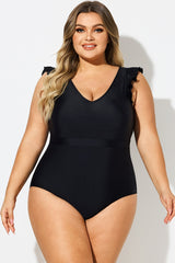 Black Ruffle Sleeves V-Neck One Piece Swimsuit