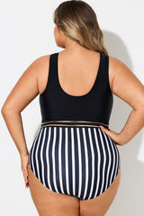 Black & White Round Neck Striped Mesh One Piece Swimsuit