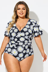Daisy Print V-Neck Ruffle Sleeves One Piece Swimsuit