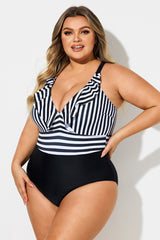 Plus Size Stripe Ruffle Trim V-Neck One Piece Swimsuit