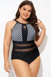 High Neck Striped Mesh Slimming Halter One Piece Swimsuit