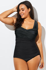 Plus Size Retro Black V-Neck One Piece Swimsuit