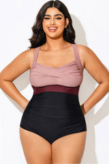 Pink Contrast Twist Front Skinny One Piece Swimsuit
