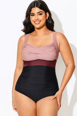 Pink Contrast Twist Front Skinny One Piece Swimsuit