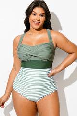 Green Striped Twist Front Skinny One Piece Swimsuit