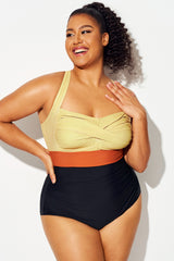 Colorblock Contrast Twist Front Skinny One Piece Swimsuit