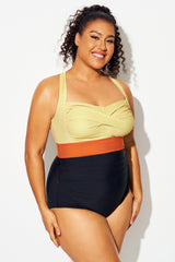 Colorblock Contrast Twist Front Skinny One Piece Swimsuit