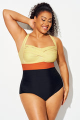 Colorblock Contrast Twist Front Skinny One Piece Swimsuit