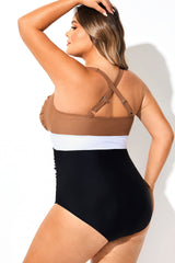 Brown Contrast Twist Front Skinny One Piece Swimsuit