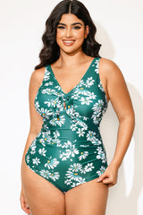 Plus Size Daisy Print Knotted Ruched One Piece Swimsuit
