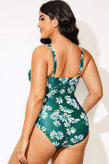 Plus Size Daisy Print Knotted Ruched One Piece Swimsuit