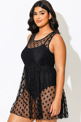 Black Dots Mesh Underwire Hook & Eye Closure One-piece Swimsuit
