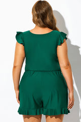 Plus Size Crossed V-neck Ruffle Shoulder One Piece Swimsuit