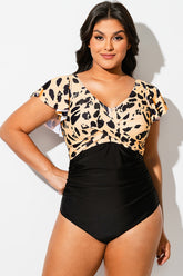 Leopard Print Gathered Ruffle Sleeve One Piece Swimsuit