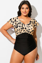 Leopard Print Gathered Ruffle Sleeve One Piece Swimsuit