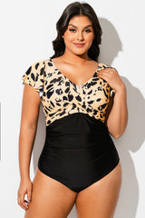 Leopard Print Gathered Ruffle Sleeve One Piece Swimsuit
