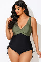 V-Neck Green Colorblock One Piece Swimsuit