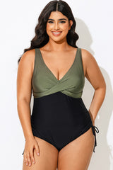 V-Neck Green Colorblock One Piece Swimsuit