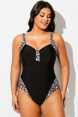 Black Leopard Print V-Neck One Piece Swimsuit