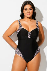 Black Leopard Print V-Neck One Piece Swimsuit
