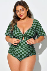 Green Check Short Sleeve One Piece Swimsuit