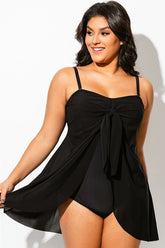 Plus Size Black Mesh Draped One Piece Swimsuit